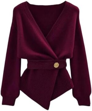 GORGLITTER Women's Wrap Cardigan Deep V Neck Long Sleeve Dressy Sweater Business Casual Outfits Burgundy Large at Amazon Women’s Clothing store