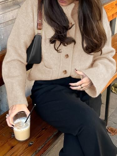 Cicy Bell Womens Chunky Knit Cardigan Sweaters Button Down Mock Neck Open Front Jacket Winter Casual Outerwear with Pockets Beige at Amazon Women’s Clothing store