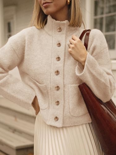 Cicy Bell Womens Chunky Knit Cardigan Sweaters Button Down Mock Neck Open Front Jacket Winter Casual Outerwear with Pockets Beige at Amazon Women’s Clothing store