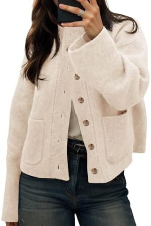 Cicy Bell Womens Chunky Knit Cardigan Sweaters Button Down Mock Neck Open Front Jacket Winter Casual Outerwear with Pockets Beige at Amazon Women’s Clothing store