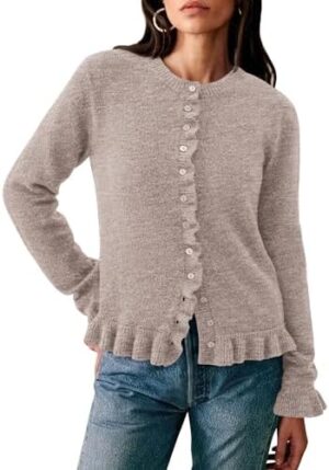 PRETTYGARDEN Womens Fall Button Down Cardigans Chunky Knit Ruffle Open Front Cropped Cardigan Sweaters Soft Long Sleeve Tops (Oatmeal,Medium) at Amazon Women’s Clothing store