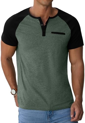 Sailwind Henley Shirts for Men Short Sleeve Casual Summer Collarless Tee Basic T-Shirts Shirts Fashion Button Top with Pocket Green Black |