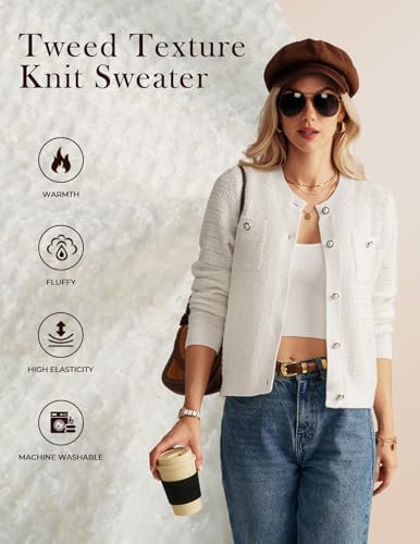 Womens 2024 Long Sleeve Crew Neck Cardigan Button Down Knitted Shirt Outerwear with Pockets White at Amazon Women’s Clothing store