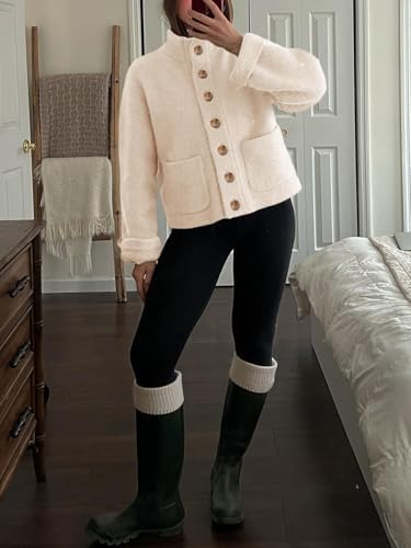 Cicy Bell Womens Chunky Knit Cardigan Sweaters Button Down Mock Neck Open Front Jacket Winter Casual Outerwear with Pockets Beige at Amazon Women’s Clothing store