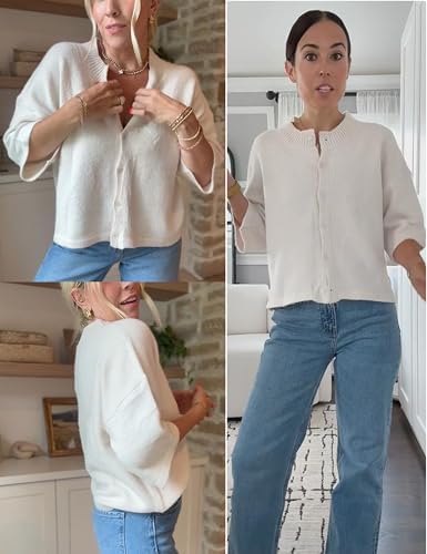 Springrain Cardigan Sweaters for Women Lightweight Knit Cropped Cardigan Button Up Solid Knitwear(Beige-L) at Amazon Women’s Clothing store