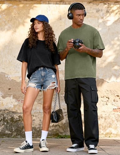 PEHMEA 3 Pcs Women's Oversized T-Shirts Cotton Short Sleeve Vintage Washed Baggy Boyfriend Streetwear Summer Tops(Black+Beige+ArmyGreen-L) at Amazon Women’s Clothing store