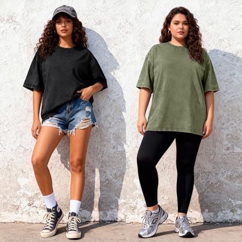 PEHMEA 3 Pcs Women's Oversized T-Shirts Cotton Short Sleeve Vintage Washed Baggy Boyfriend Streetwear Summer Tops(Black+Beige+ArmyGreen-L) at Amazon Women’s Clothing store